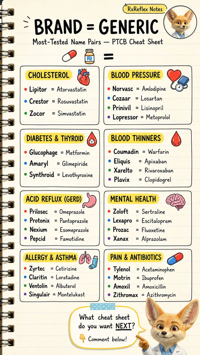 RxReflex cheat sheet — Brand to Generic name pairs
