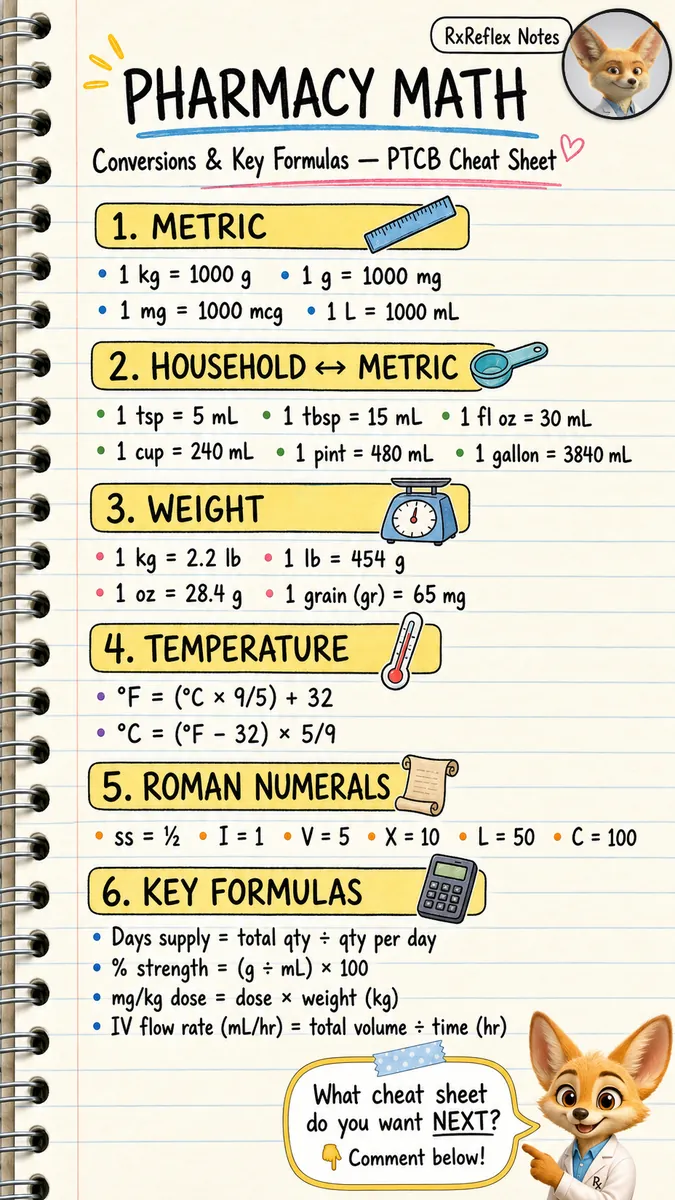 RxReflex cheat sheet — Pharmacy Math one-pager