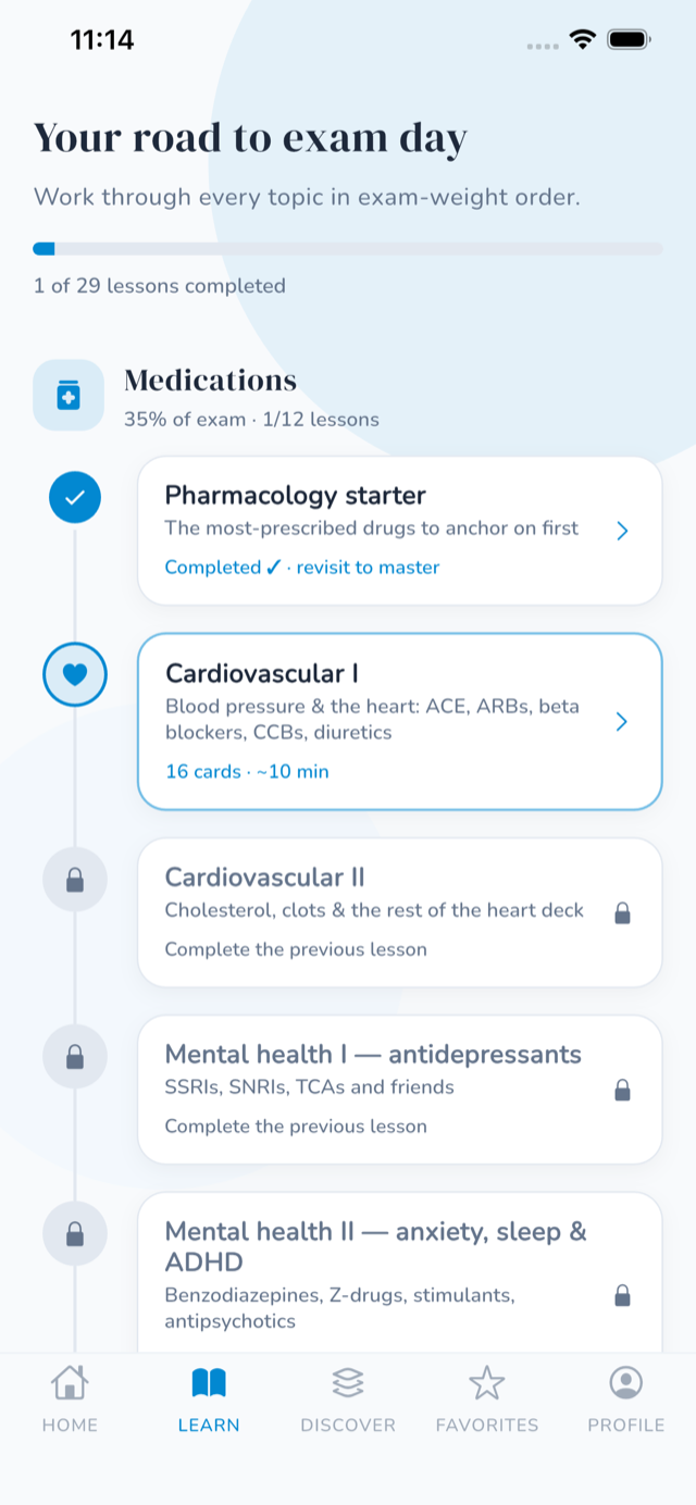 RxReflex Learn path — guided lessons across every PTCB topic in exam-weight order