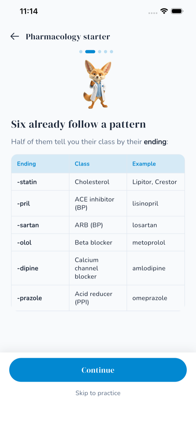 RxReflex lesson — teaches the concept with a suffix-to-class table before drilling it