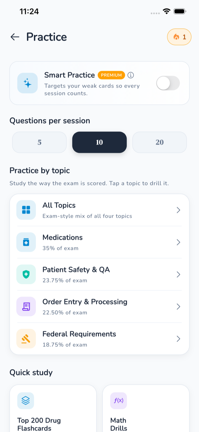 RxReflex practice organized by the four PTCB topics in exam-weight order