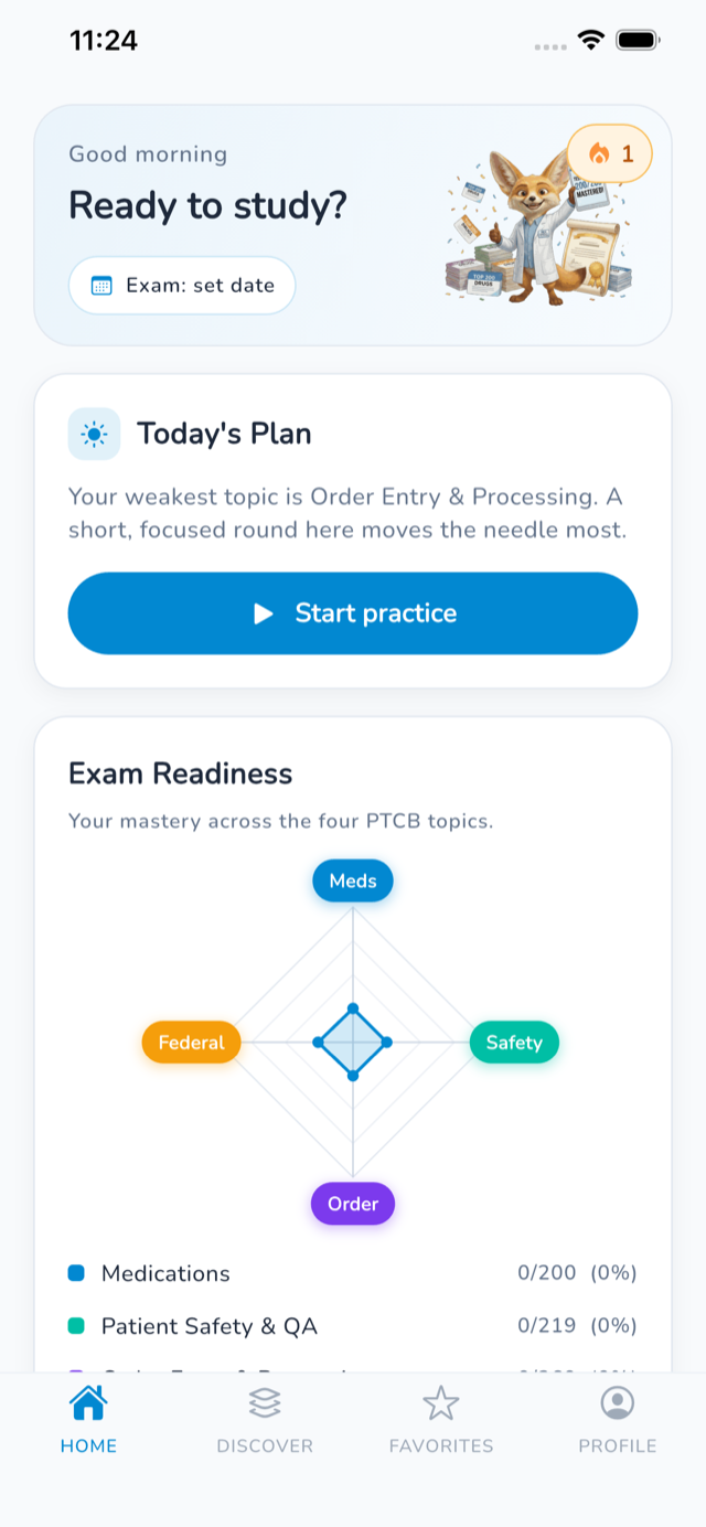 RxReflex Today dashboard with the four-topic Exam Readiness radar